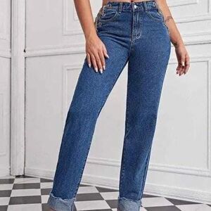 SHEIN High Waisted Chain Lace Up Jeans sz L mom jeans baggy denim
